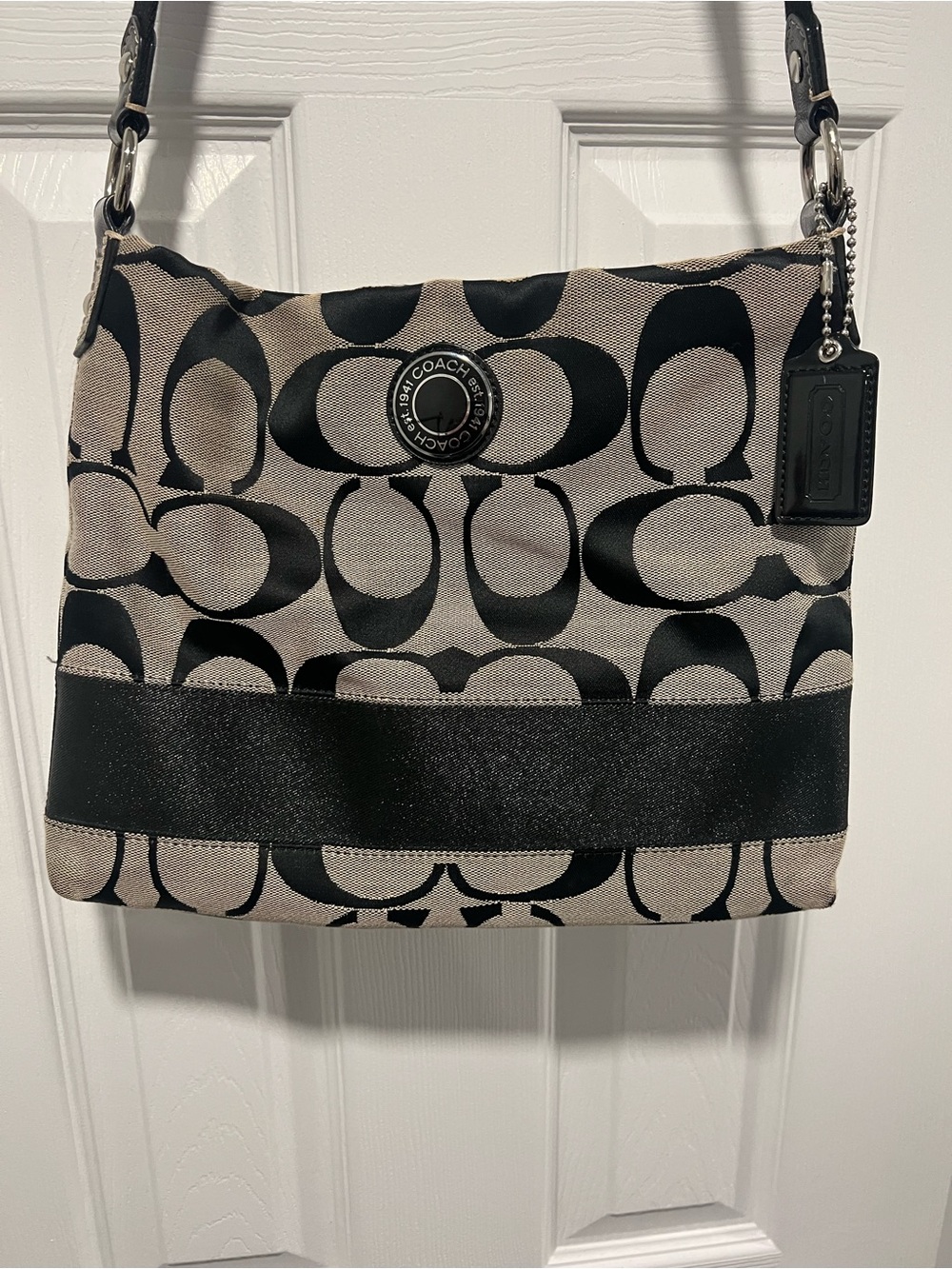 Coach Black and Gray Signature Canvas Shoulder Bag with Adjustable Strap